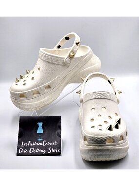 Crocs Women's White Off Bae Glitter Stud Platform Clogs Gold Spikes Sz 9  2360